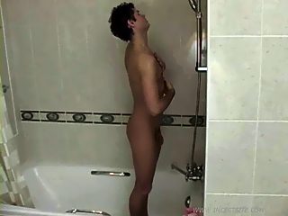 Fat oldie hops into shower together with her son and attacks his meaty dick